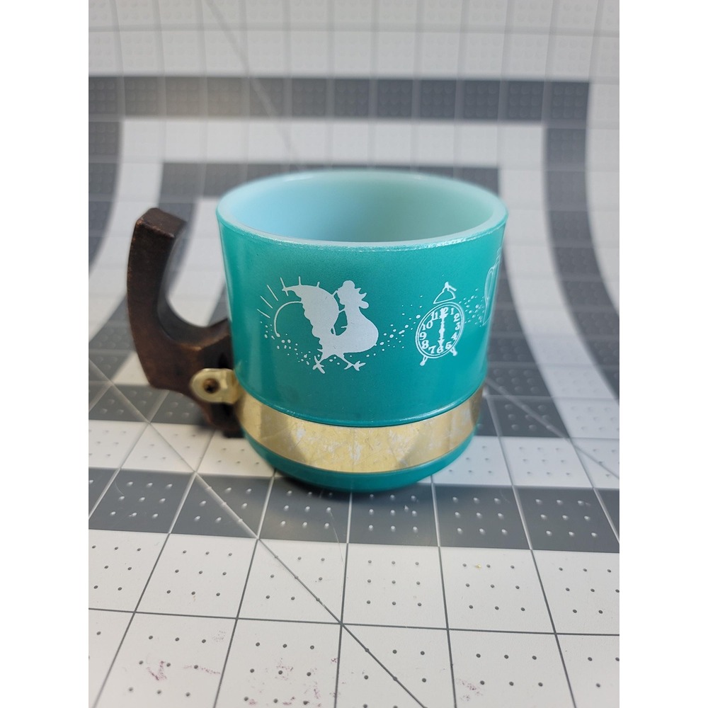 Vintage Siesta Ware Teal Green Coffee Mug Wooden Handle Farm Rooster Clock